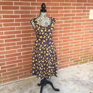 Navy Yellow Floral 50s Style Swing Dress EUC